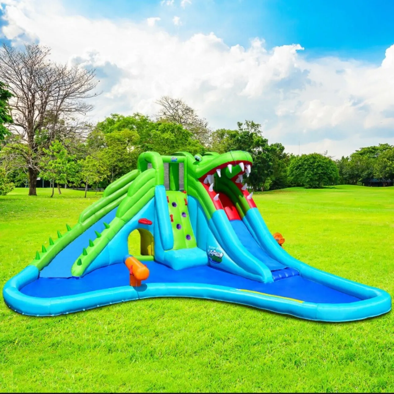 Super Fun Giant Crocodile Bouncy House Water Park With Water Slide | Climbing Wall | 7-in-1 | Splash Pool | Hours Of Fun All Summer Long | W 780W Blower