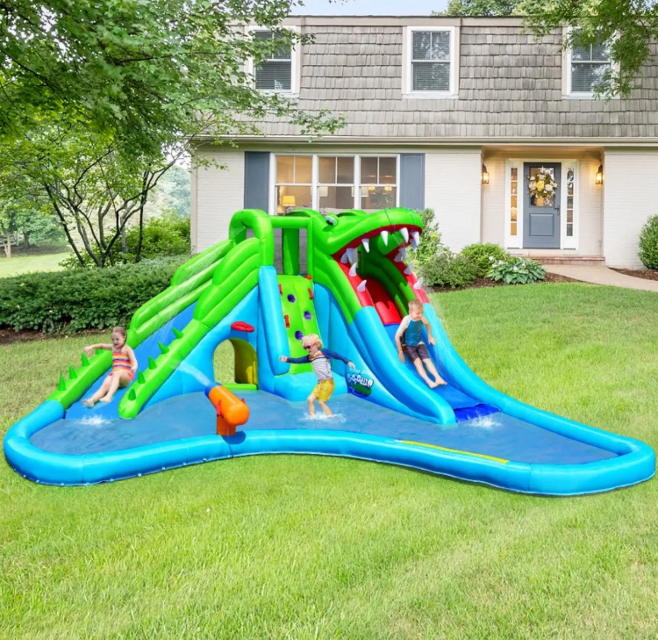 Super Fun Giant Crocodile Bouncy House Water Park With Water Slide | Climbing Wall | 7-in-1 | Splash Pool | Hours Of Fun All Summer Long | W 780W Blower