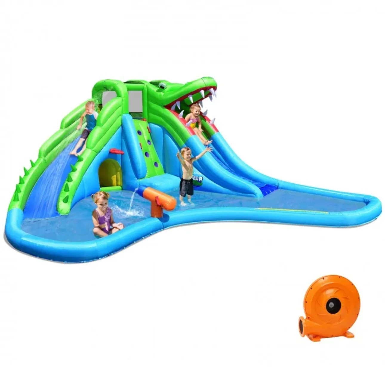 Super Fun Giant Crocodile Bouncy House Water Park With Water Slide | Climbing Wall | 7-in-1 | Splash Pool | Hours Of Fun All Summer Long | W 780W Blower